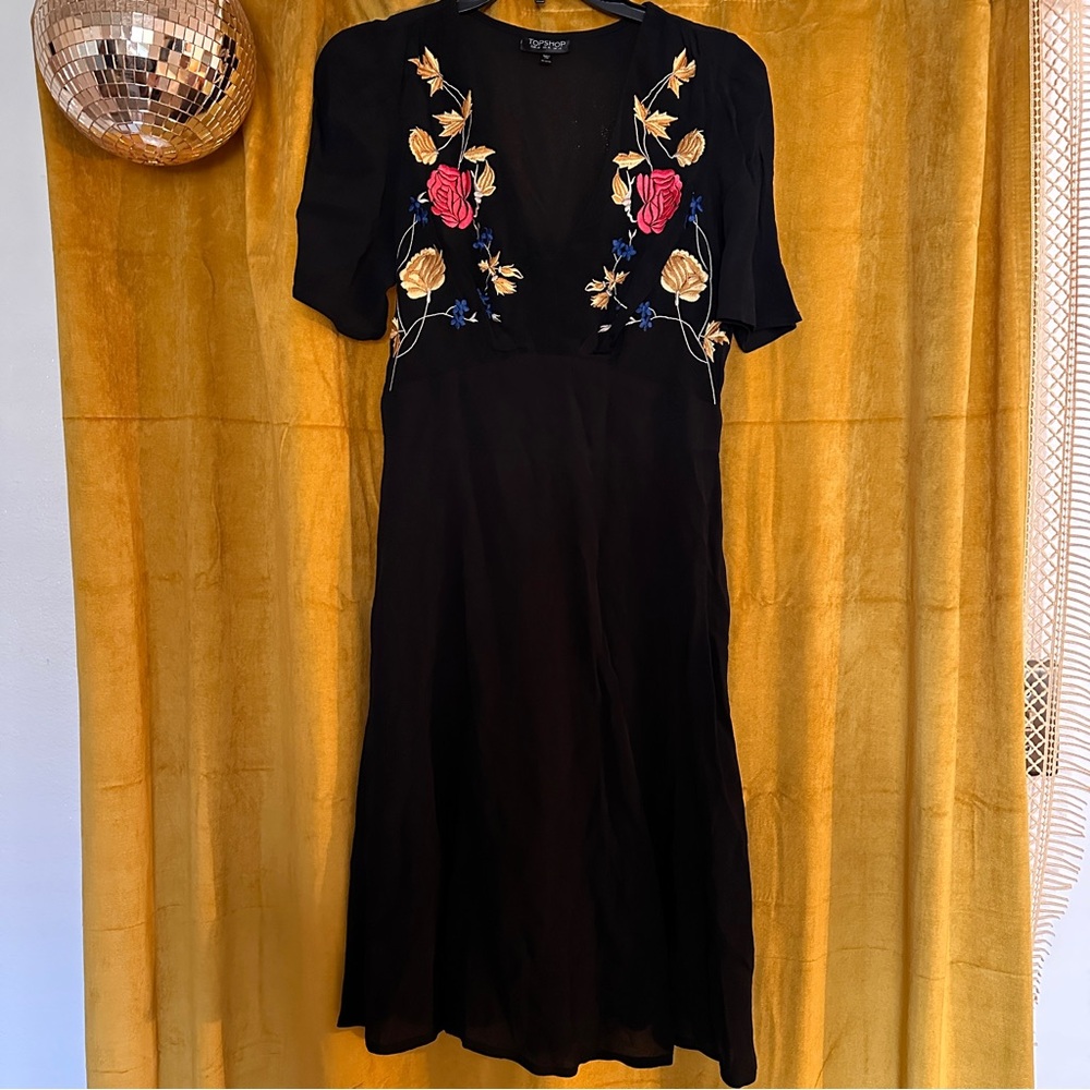 Topshop Black Midi Dress with Floral Embroideries